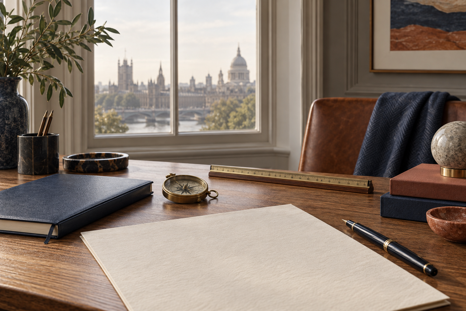 Notebook, compass and papers on a quiet planning desk
