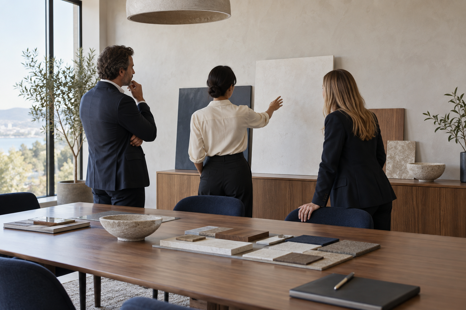Professionals collaborating in a quiet contemporary boardroom